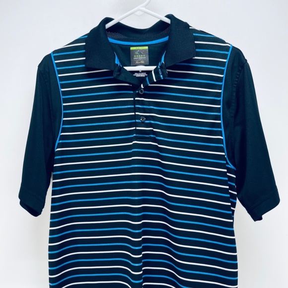 Greg Norman Shirt Size M Men’s Short Sleeve Polo Blue Striped Shark Golf - Picture 2 of 9